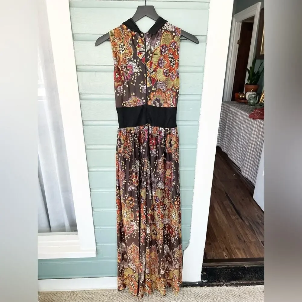 Vintage wide leg paisley jumpsuit 60s 70s brown Peter Pan collar S fall RARE - Picture 6 of 12